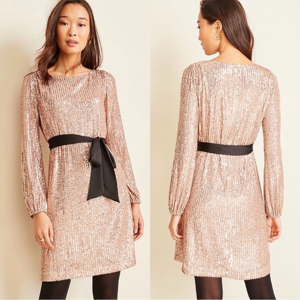 Ann Taylor Rose Gold Sequin Dress with Black Bow NWT XL